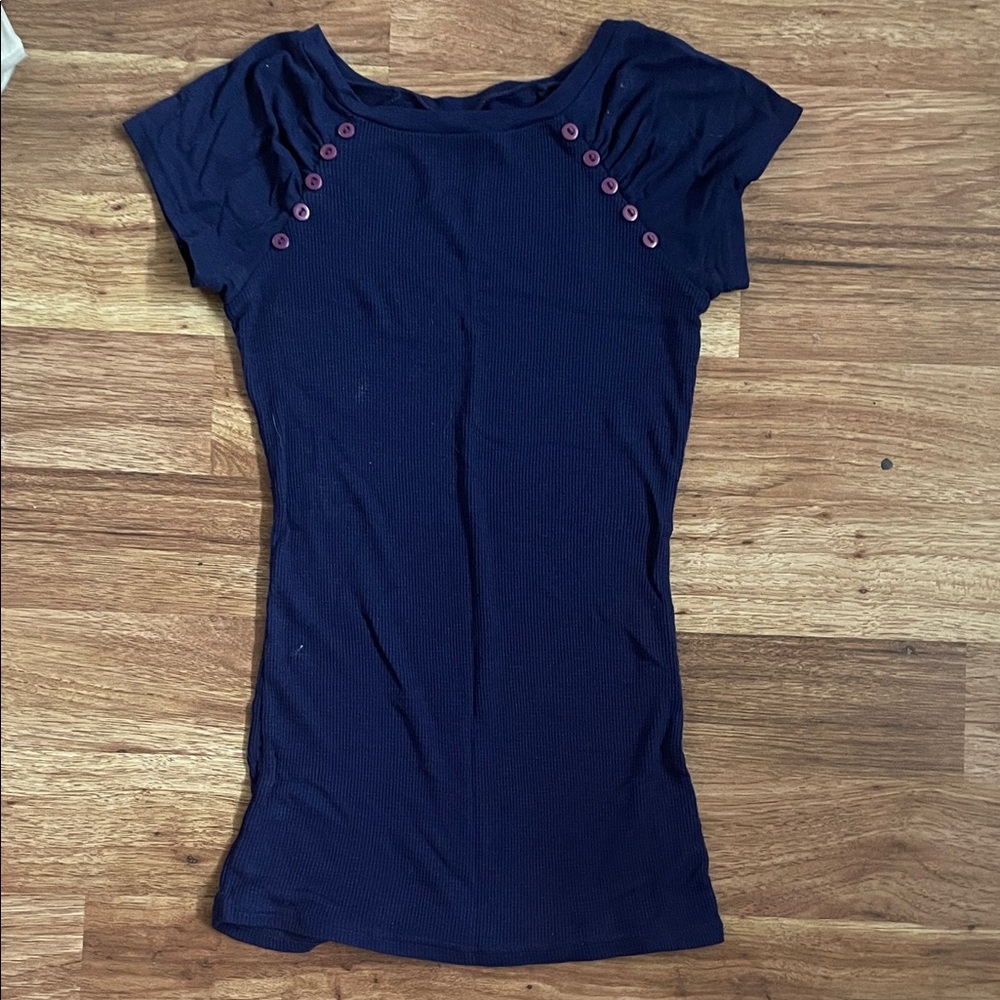 Derek Heart Navy Top with Purple Button Accents
